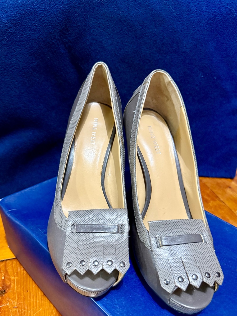 Nine West Gray Peep-Toe Fringe Pumps